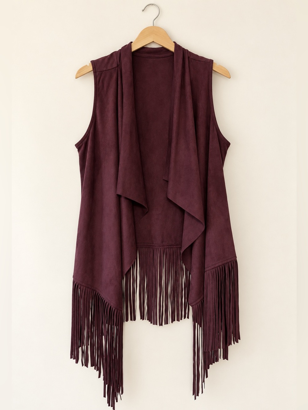 Philosophy Wine Burgundy Cascade Fringe Faux Suede Vest Retro 70s EUC S #1932